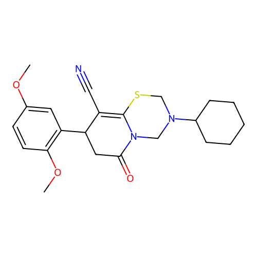 3-cyclohexyl-8-(2,5-dimethoxyphenyl)-6-oxo-3,4,7,8-tetrahydro-2H,6H-pyrido[2,1-b][1,3,5]thiadiazine-9-carbonitrile structure