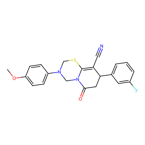 8-(3-fluorophenyl)-3-(4-methoxyphenyl)-6-oxo-3,4,7,8-tetrahydro-2H,6H-pyrido[2,1-b][1,3,5]thiadiazine-9-carbonitrile structure