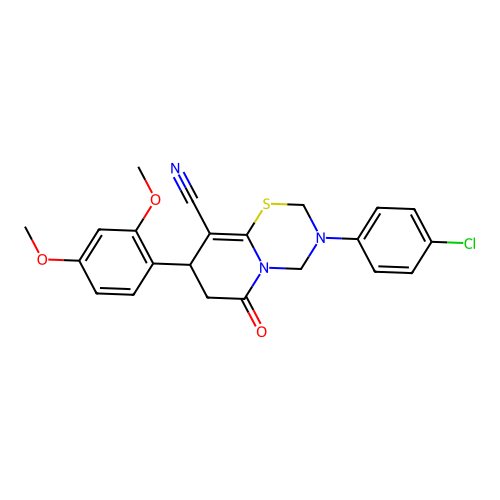 3-(4-chlorophenyl)-8-(2,4-dimethoxyphenyl)-6-oxo-3,4,7,8-tetrahydro-2H,6H-pyrido[2,1-b][1,3,5]thiadiazine-9-carbonitrile structure