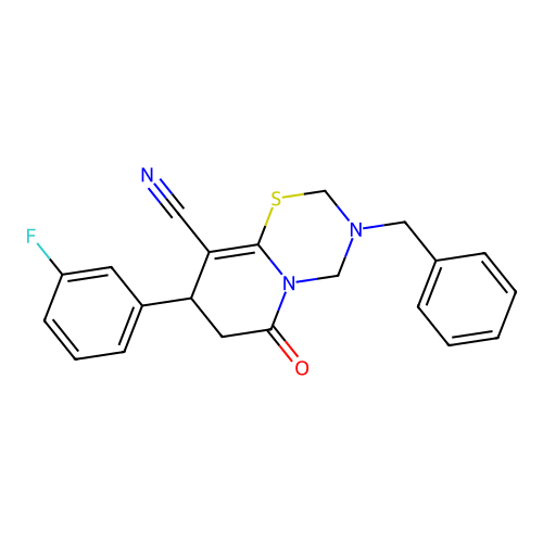 3-benzyl-8-(3-fluorophenyl)-6-oxo-3,4,7,8-tetrahydro-2H,6H-pyrido[2,1-b][1,3,5]thiadiazine-9-carbonitrile structure