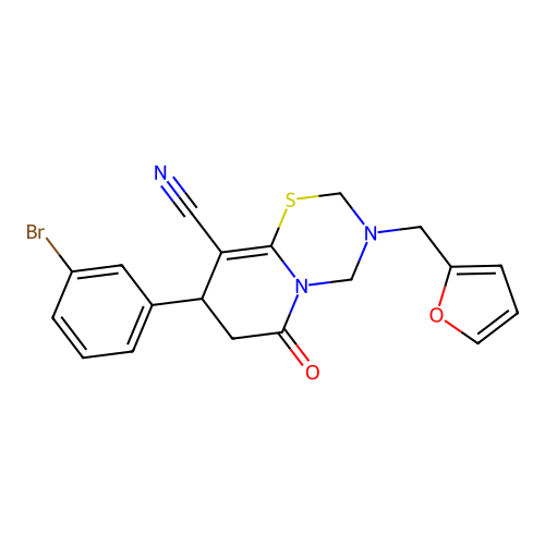 4-(3-bromophenyl)-9-(2-furylmethyl)-2-oxo-7-thia-1,9-diazabicyclo[4.4.0]dec-5-ene-5-carbonitrile structure