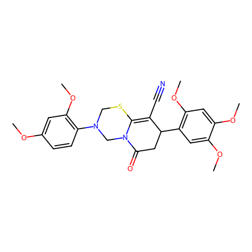 3-(2,4-dimethoxyphenyl)-6-oxo-8-(2,4,5-trimethoxyphenyl)-2,4,7,8-tetrahydropyrido[2,1-b][1,3,5]thiadiazine-9-carbonitrile structure