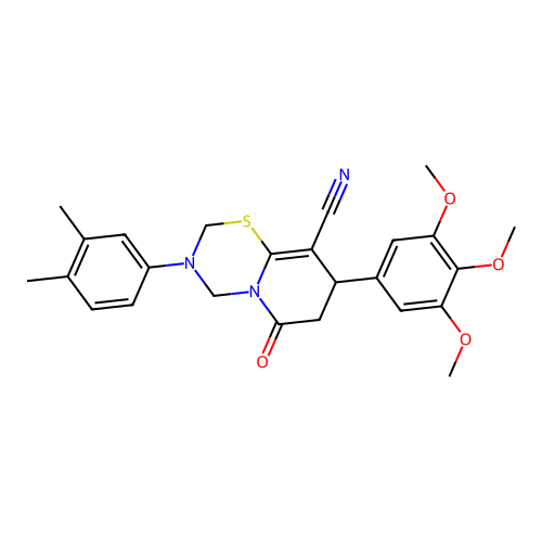 3-(3,4-dimethylphenyl)-6-oxo-8-(3,4,5-trimethoxyphenyl)-3,4,7,8-tetrahydro-2H,6H-pyrido[2,1-b][1,3,5]thiadiazine-9-carbonitrile structure