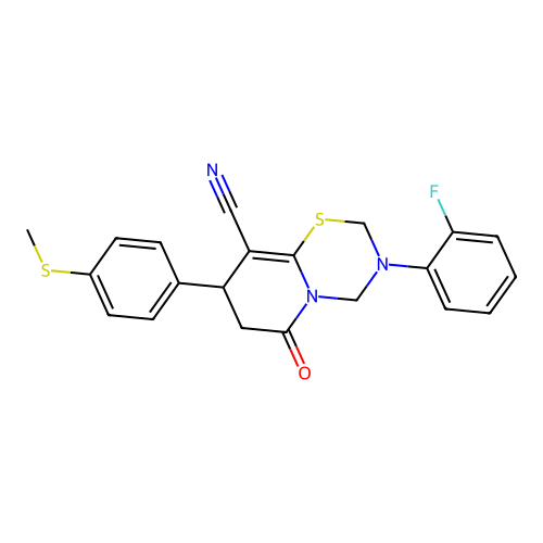 3-(2-fluorophenyl)-8-[4-(methylsulfanyl)phenyl]-6-oxo-3,4,7,8-tetrahydro-2H,6H-pyrido[2,1-b][1,3,5]thiadiazine-9-carbonitrile structure