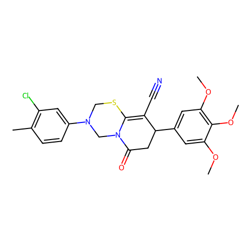3-(3-chloro-4-methylphenyl)-6-oxo-8-(3,4,5-trimethoxyphenyl)-3,4,7,8-tetrahydro-2H,6H-pyrido[2,1-b][1,3,5]thiadiazine-9-carbonitrile structure
