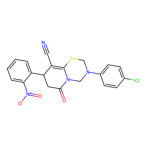 3-(4-chlorophenyl)-8-(2-nitrophenyl)-6-oxo-3,4,7,8-tetrahydro-2H,6H-pyrido[2,1-b][1,3,5]thiadiazine-9-carbonitrile structure