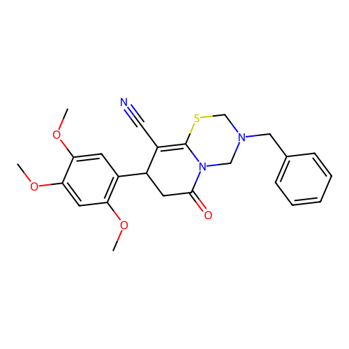3-benzyl-6-oxo-8-(2,4,5-trimethoxyphenyl)-3,4,7,8-tetrahydro-2H,6H-pyrido[2,1-b][1,3,5]thiadiazine-9-carbonitrile structure