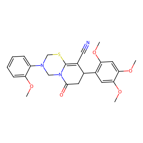 3-(2-methoxyphenyl)-6-oxo-8-(2,4,5-trimethoxyphenyl)-3,4,7,8-tetrahydro-2H,6H-pyrido[2,1-b][1,3,5]thiadiazine-9-carbonitrile structure