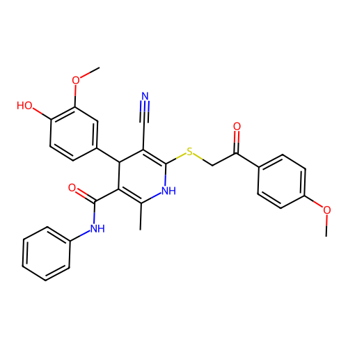 5-cyano-4-(4-hydroxy-3-methoxyphenyl)-6-((2-(4-methoxyphenyl)-2-oxoethyl)thio)-2-methyl-N-phenyl-1,4-dihydropyridine-3-carboxamide structure