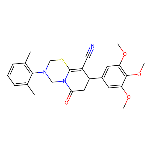 3-(2,6-dimethylphenyl)-6-oxo-8-(3,4,5-trimethoxyphenyl)-3,4,7,8-tetrahydro-2H,6H-pyrido[2,1-b][1,3,5]thiadiazine-9-carbonitrile structure