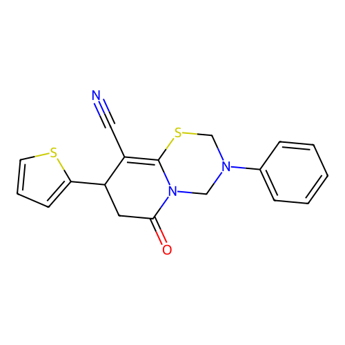 6-oxo-3-phenyl-8-(thiophen-2-yl)-3,4,7,8-tetrahydro-2H,6H-pyrido[2,1-b][1,3,5]thiadiazine-9-carbonitrile structure