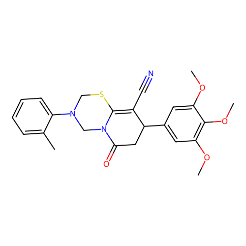 3-(2-methylphenyl)-6-oxo-8-(3,4,5-trimethoxyphenyl)-2,4,7,8-tetrahydropyrido[2,1-b][1,3,5]thiadiazine-9-carbonitrile structure