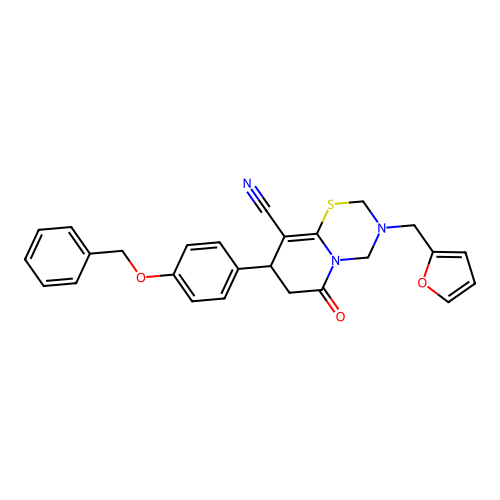 8-[4-(benzyloxy)phenyl]-3-(furan-2-ylmethyl)-6-oxo-3,4,7,8-tetrahydro-2H,6H-pyrido[2,1-b][1,3,5]thiadiazine-9-carbonitrile structure
