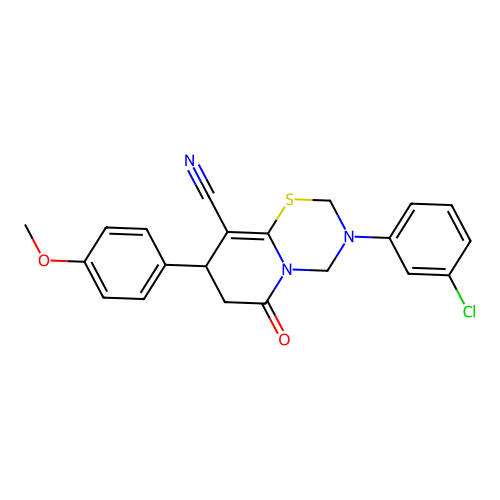 3-(3-chlorophenyl)-8-(4-methoxyphenyl)-6-oxo-3,4,7,8-tetrahydro-2H,6H-pyrido[2,1-b][1,3,5]thiadiazine-9-carbonitrile structure