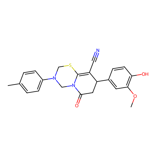 8-(4-hydroxy-3-methoxyphenyl)-3-(4-methylphenyl)-6-oxo-3,4,7,8-tetrahydro-2H,6H-pyrido[2,1-b][1,3,5]thiadiazine-9-carbonitrile structure