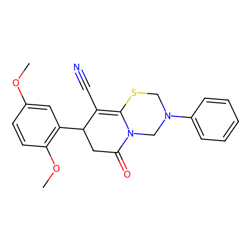 8-(2,5-dimethoxyphenyl)-6-oxo-3-phenyl-2,4,7,8-tetrahydropyrido[2,1-b][1,3,5]thiadiazine-9-carbonitrile structure