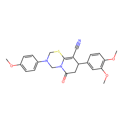 8-(3,4-dimethoxyphenyl)-3-(4-methoxyphenyl)-6-oxo-3,4,7,8-tetrahydro-2H,6H-pyrido[2,1-b][1,3,5]thiadiazine-9-carbonitrile structure
