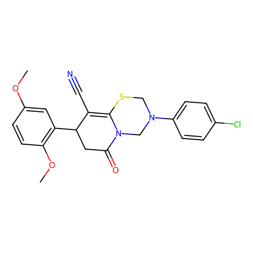 3-(4-chlorophenyl)-8-(2,5-dimethoxyphenyl)-6-oxo-2,3,4,6,7,8-hexahydropyrido[2,1-b][1,3,5]thiadiazine-9-carbonitrile structure