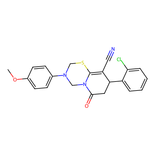 8-(2-chlorophenyl)-3-(4-methoxyphenyl)-6-oxo-3,4,7,8-tetrahydro-2H,6H-pyrido[2,1-b][1,3,5]thiadiazine-9-carbonitrile structure