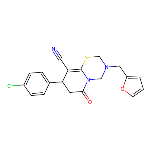 8-(4-chlorophenyl)-3-(furan-2-ylmethyl)-6-oxo-2,4,7,8-tetrahydropyrido[2,1-b][1,3,5]thiadiazine-9-carbonitrile structure