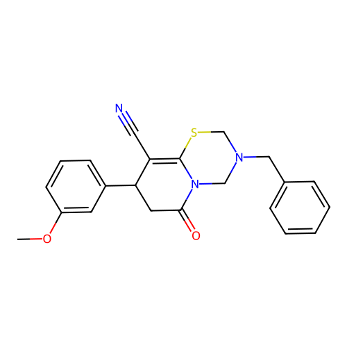 3-benzyl-8-(3-methoxyphenyl)-6-oxo-3,4,7,8-tetrahydro-2H,6H-pyrido[2,1-b][1,3,5]thiadiazine-9-carbonitrile structure