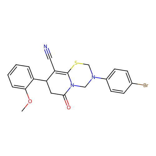 3-(4-bromophenyl)-8-(2-methoxyphenyl)-6-oxo-3,4,7,8-tetrahydro-2H,6H-pyrido[2,1-b][1,3,5]thiadiazine-9-carbonitrile structure