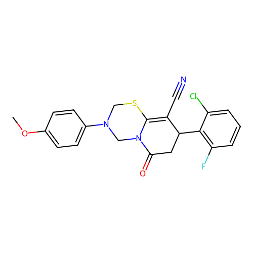 8-(2-chloro-6-fluorophenyl)-3-(4-methoxyphenyl)-6-oxo-2,3,4,6,7,8-hexahydropyrido[2,1-b][1,3,5]thiadiazine-9-carbonitrile structure