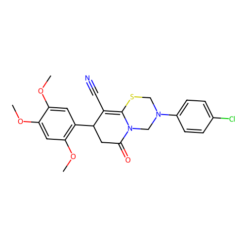 3-(4-chlorophenyl)-6-oxo-8-(2,4,5-trimethoxyphenyl)-3,4,7,8-tetrahydro-2H,6H-pyrido[2,1-b][1,3,5]thiadiazine-9-carbonitrile structure