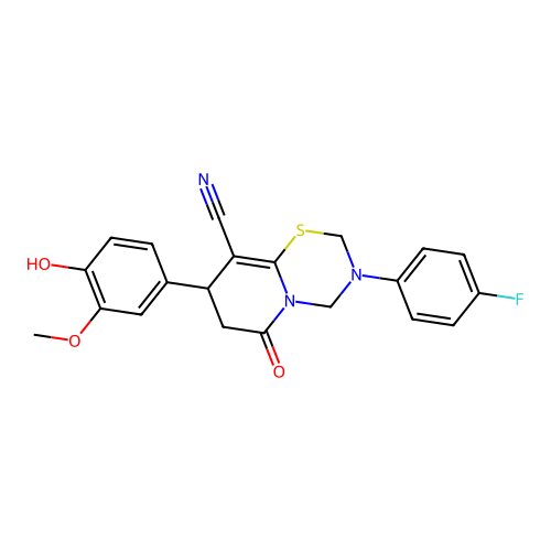 3-(4-fluorophenyl)-8-(4-hydroxy-3-methoxyphenyl)-6-oxo-3,4,7,8-tetrahydro-2H,6H-pyrido[2,1-b][1,3,5]thiadiazine-9-carbonitrile structure