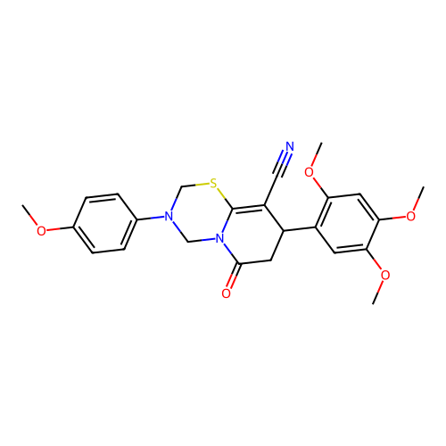 3-(4-methoxyphenyl)-6-oxo-8-(2,4,5-trimethoxyphenyl)-3,4,7,8-tetrahydro-2H,6H-pyrido[2,1-b][1,3,5]thiadiazine-9-carbonitrile structure