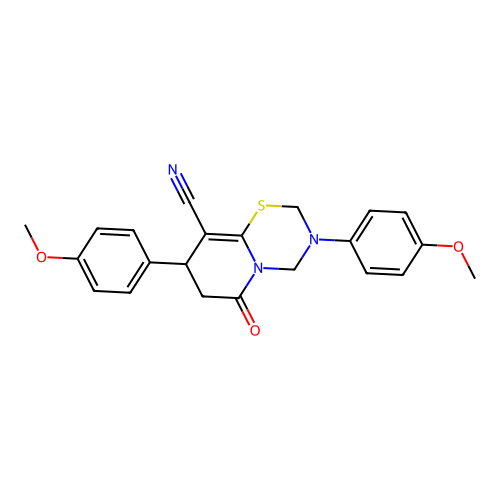 3,8-bis(4-methoxyphenyl)-6-oxo-3,4,7,8-tetrahydro-2H,6H-pyrido[2,1-b][1,3,5]thiadiazine-9-carbonitrile structure