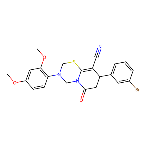 8-(3-bromophenyl)-3-(2,4-dimethoxyphenyl)-6-oxo-3,4,7,8-tetrahydro-2H,6H-pyrido[2,1-b][1,3,5]thiadiazine-9-carbonitrile structure
