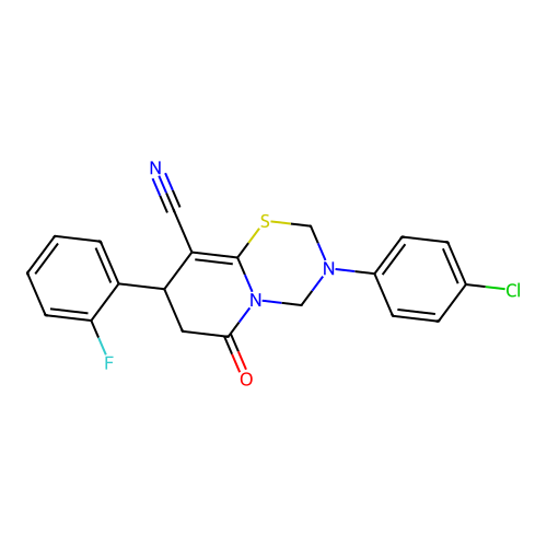 3-(4-chlorophenyl)-8-(2-fluorophenyl)-6-oxo-2,3,4,6,7,8-hexahydropyrido[2,1-b][1,3,5]thiadiazine-9-carbonitrile structure