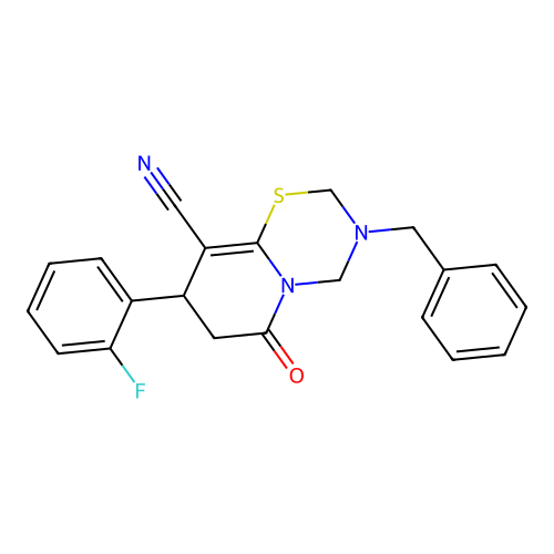 3-benzyl-8-(2-fluorophenyl)-6-oxo-3,4,7,8-tetrahydro-2H,6H-pyrido[2,1-b][1,3,5]thiadiazine-9-carbonitrile structure