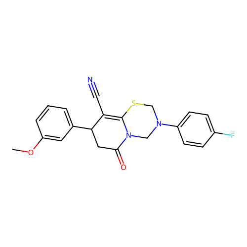 3-(4-fluorophenyl)-8-(3-methoxyphenyl)-6-oxo-3,4,7,8-tetrahydro-2H,6H-pyrido[2,1-b][1,3,5]thiadiazine-9-carbonitrile structure