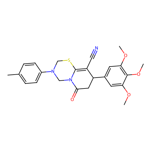 3-(4-methylphenyl)-6-oxo-8-(3,4,5-trimethoxyphenyl)-3,4,7,8-tetrahydro-2H,6H-pyrido[2,1-b][1,3,5]thiadiazine-9-carbonitrile structure