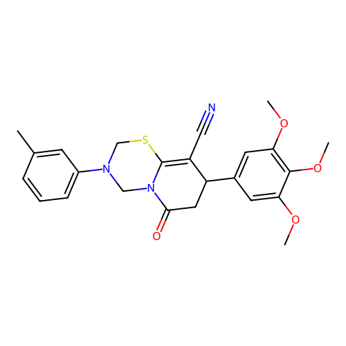 3-(3-methylphenyl)-6-oxo-8-(3,4,5-trimethoxyphenyl)-3,4,7,8-tetrahydro-2H,6H-pyrido[2,1-b][1,3,5]thiadiazine-9-carbonitrile structure