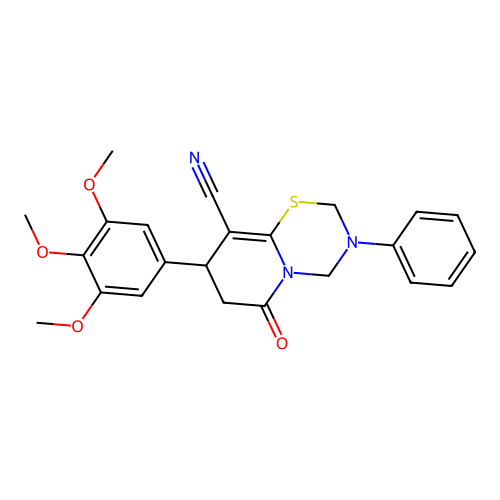 6-oxo-3-phenyl-8-(3,4,5-trimethoxyphenyl)-3,4,7,8-tetrahydro-2H,6H-pyrido[2,1-b][1,3,5]thiadiazine-9-carbonitrile structure