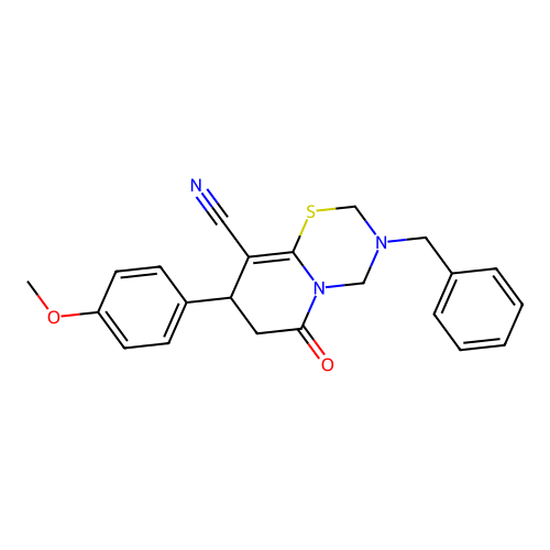 3-benzyl-8-(4-methoxyphenyl)-6-oxo-3,4,7,8-tetrahydro-2H,6H-pyrido[2,1-b][1,3,5]thiadiazine-9-carbonitrile structure