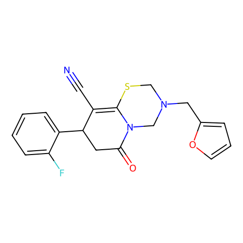8-(2-fluorophenyl)-3-(furan-2-ylmethyl)-6-oxo-3,4,7,8-tetrahydro-2H,6H-pyrido[2,1-b][1,3,5]thiadiazine-9-carbonitrile structure