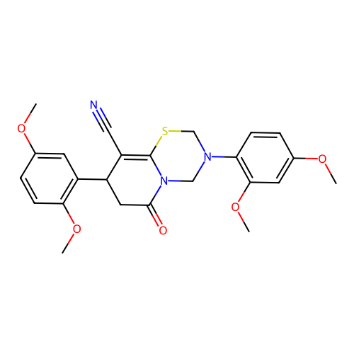 3-(2,4-dimethoxyphenyl)-8-(2,5-dimethoxyphenyl)-6-oxo-2,4,7,8-tetrahydropyrido[2,1-b][1,3,5]thiadiazine-9-carbonitrile structure