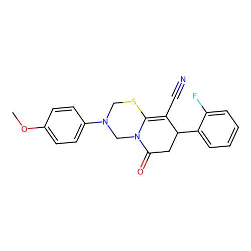 8-(2-fluorophenyl)-3-(4-methoxyphenyl)-6-oxo-2,3,4,6,7,8-hexahydropyrido[2,1-b][1,3,5]thiadiazine-9-carbonitrile structure