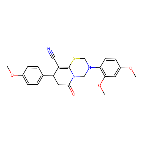 3-(2,4-dimethoxyphenyl)-8-(4-methoxyphenyl)-6-oxo-3,4,7,8-tetrahydro-2H,6H-pyrido[2,1-b][1,3,5]thiadiazine-9-carbonitrile structure