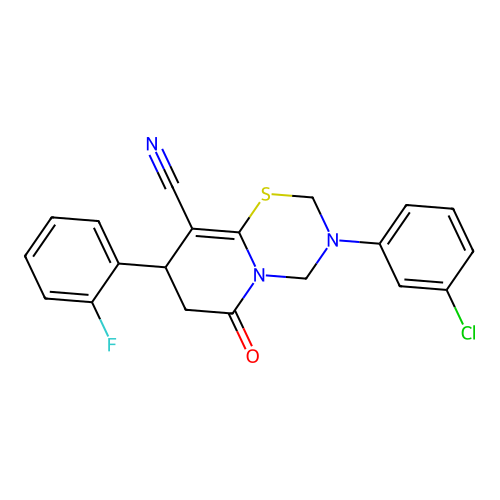 3-(3-chlorophenyl)-8-(2-fluorophenyl)-6-oxo-3,4,7,8-tetrahydro-2H,6H-pyrido[2,1-b][1,3,5]thiadiazine-9-carbonitrile structure