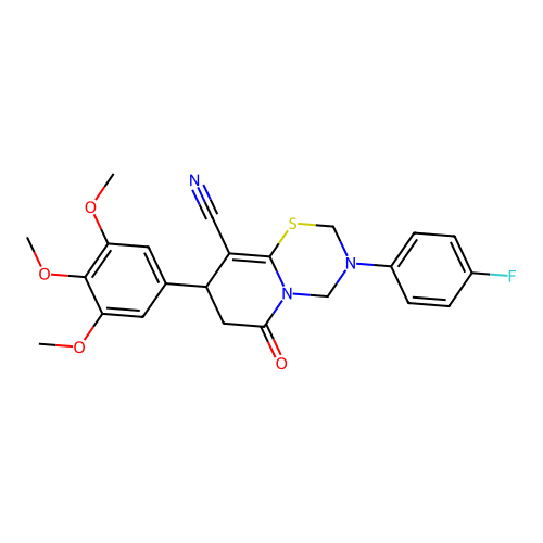 3-(4-fluorophenyl)-6-oxo-8-(3,4,5-trimethoxyphenyl)-3,4,7,8-tetrahydro-2H,6H-pyrido[2,1-b][1,3,5]thiadiazine-9-carbonitrile structure