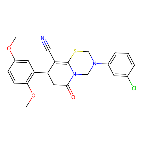 3-(3-chlorophenyl)-8-(2,5-dimethoxyphenyl)-6-oxo-2,3,4,6,7,8-hexahydropyrido[2,1-b][1,3,5]thiadiazine-9-carbonitrile structure