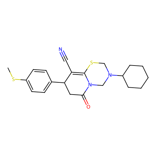3-cyclohexyl-8-[4-(methylsulfanyl)phenyl]-6-oxo-3,4,7,8-tetrahydro-2H,6H-pyrido[2,1-b][1,3,5]thiadiazine-9-carbonitrile structure