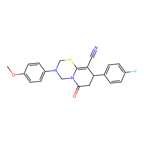 8-(4-fluorophenyl)-3-(4-methoxyphenyl)-6-oxo-3,4,7,8-tetrahydro-2H,6H-pyrido[2,1-b][1,3,5]thiadiazine-9-carbonitrile structure
