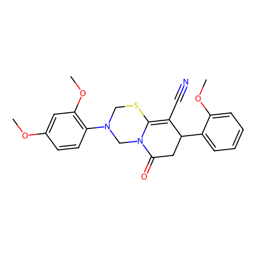 3-(2,4-dimethoxyphenyl)-8-(2-methoxyphenyl)-6-oxo-3,4,7,8-tetrahydro-2H,6H-pyrido[2,1-b][1,3,5]thiadiazine-9-carbonitrile structure