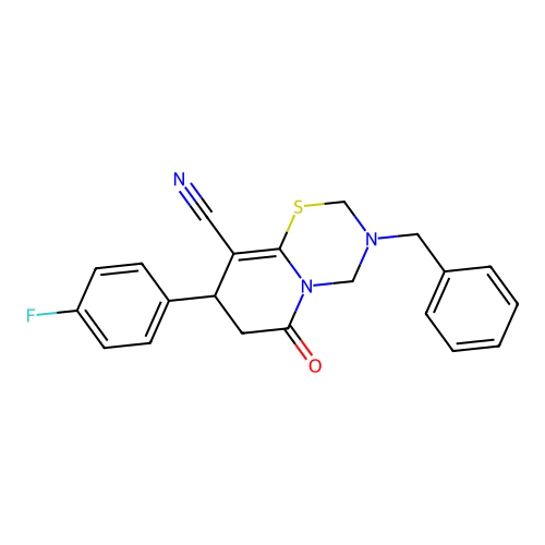 3-benzyl-8-(4-fluorophenyl)-6-oxo-3,4,7,8-tetrahydro-2H,6H-pyrido[2,1-b][1,3,5]thiadiazine-9-carbonitrile structure